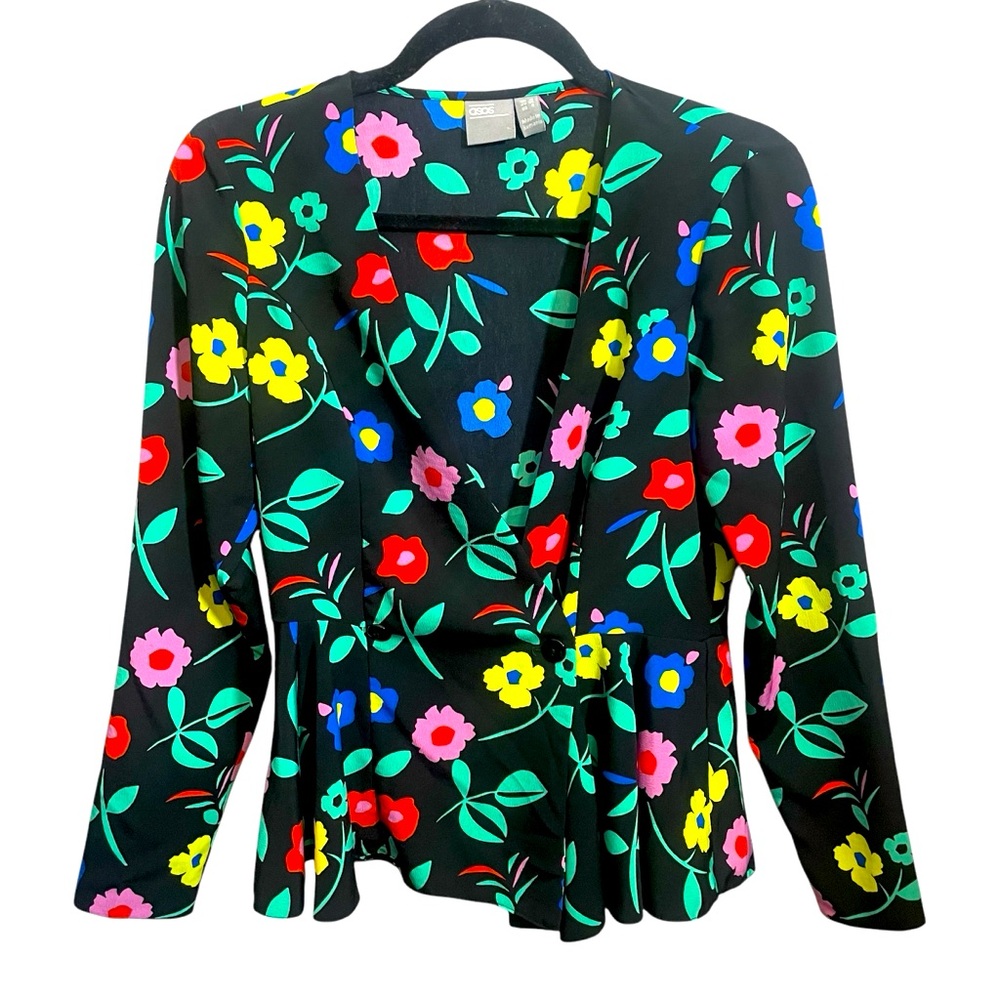 ASOS Black floral print button front peplum blouse top